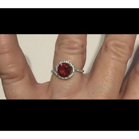 2.5 Ct. Round Ruby Solitaire & White Sapphire Swirl Halo Ring Sz 8~.925 SS - Picture 3 of 3